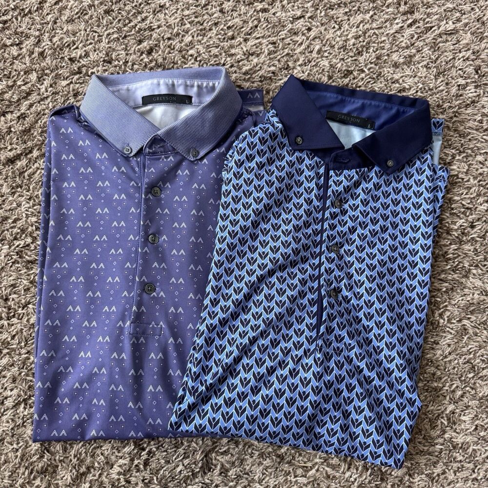 TWO Greyson Men's Large AOP Patterned golf Polo Shirt Weston /Tacoma Logo